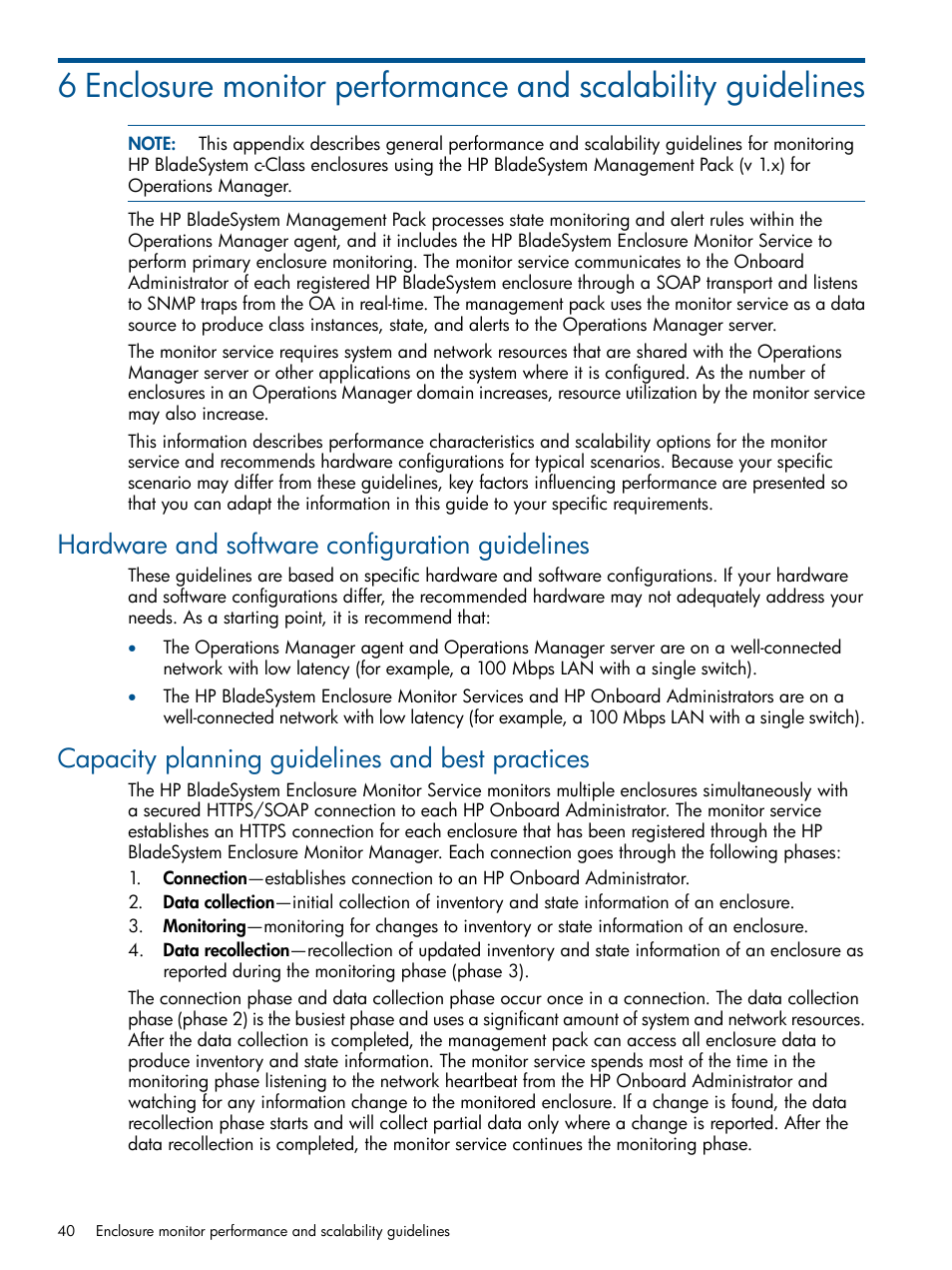 Hardware and software configuration guidelines, Capacity planning guidelines and best practices | HP OneView for Microsoft System Center User Manual | Page 40 / 60