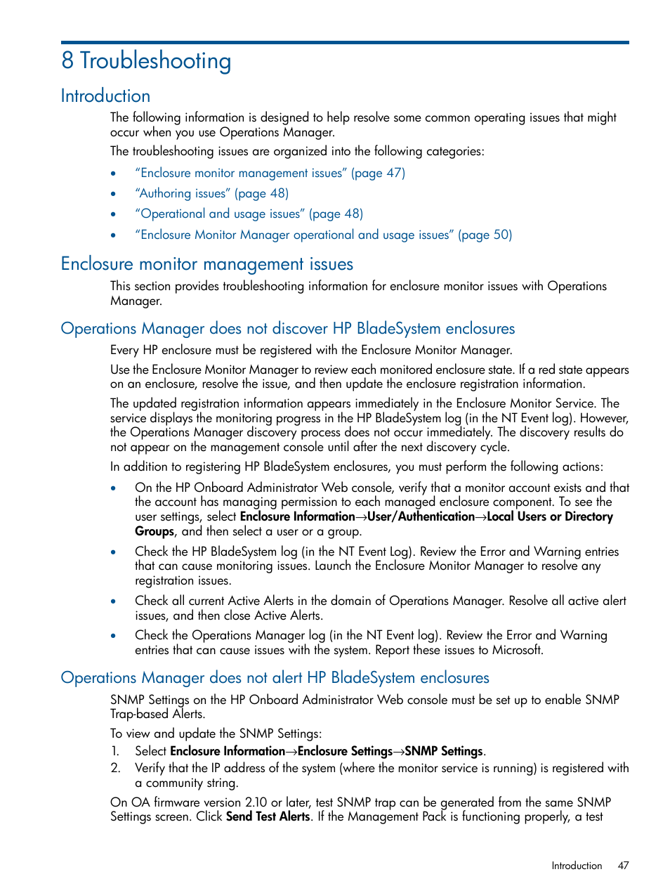 8 troubleshooting, Introduction, Enclosure monitor management issues | Introduction enclosure monitor management issues | HP OneView for Microsoft System Center User Manual | Page 47 / 60