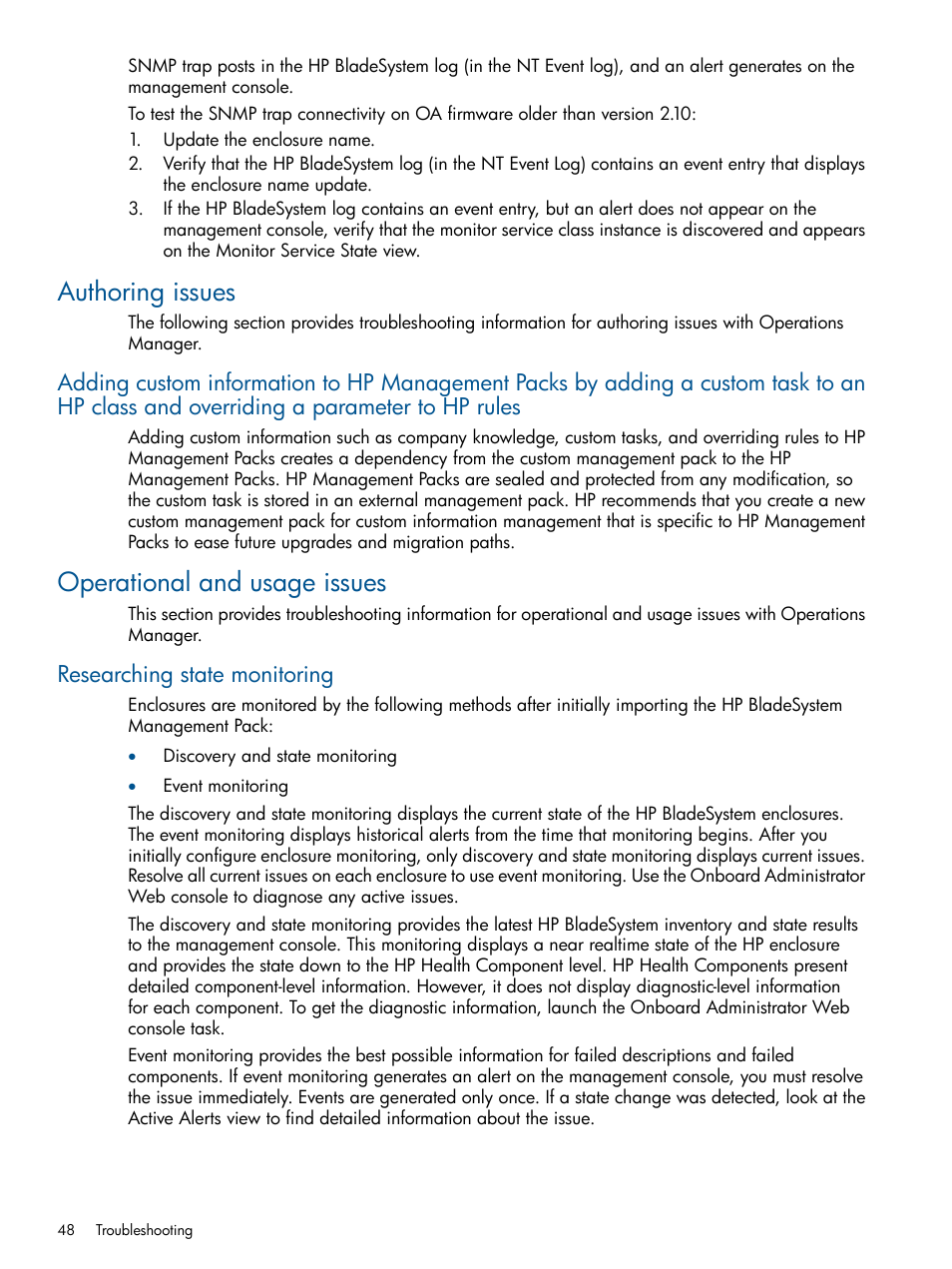 Authoring issues, Operational and usage issues, Researching state monitoring | HP OneView for Microsoft System Center User Manual | Page 48 / 60