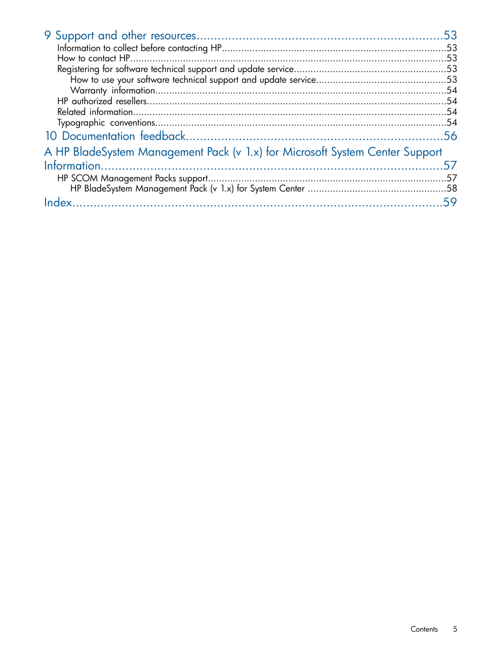 9 support and other resources, Index | HP OneView for Microsoft System Center User Manual | Page 5 / 60