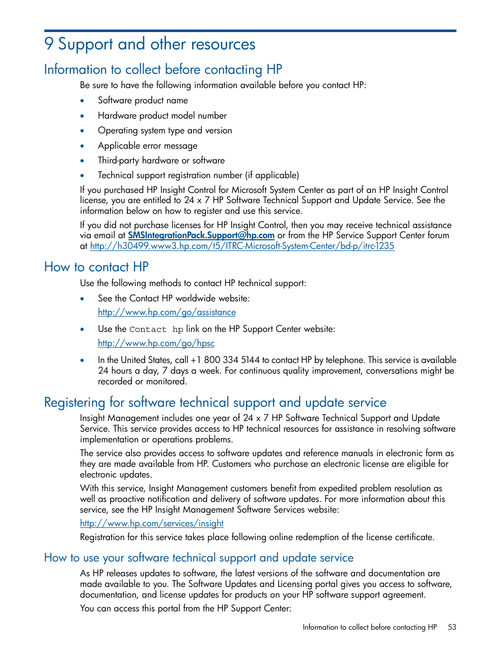 9 support and other resources, Information to collect before contacting hp, How to contact hp | HP OneView for Microsoft System Center User Manual | Page 53 / 60