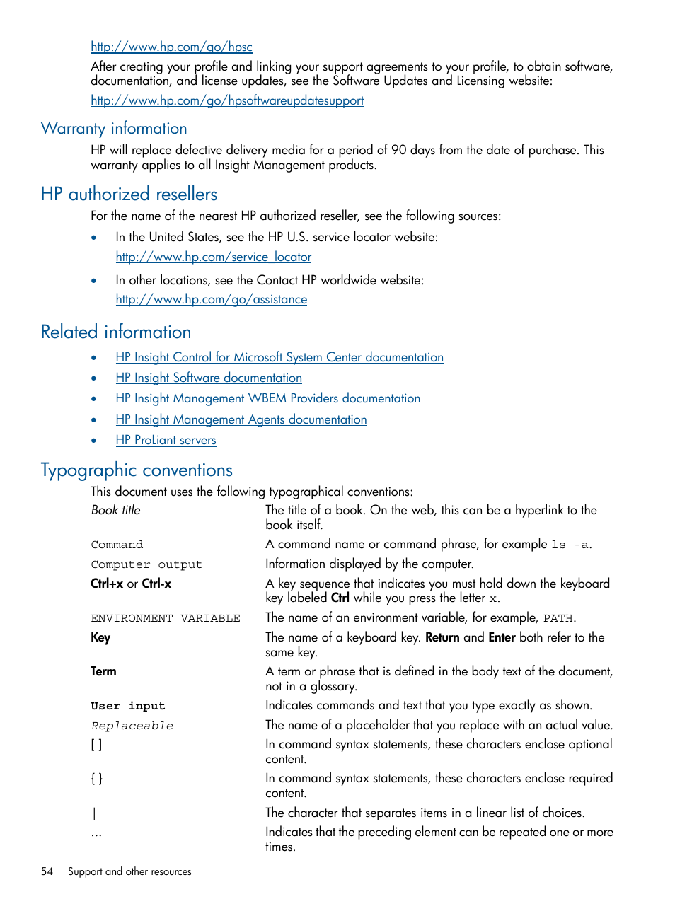 Warranty information, Hp authorized resellers, Related information | Typographic conventions | HP OneView for Microsoft System Center User Manual | Page 54 / 60