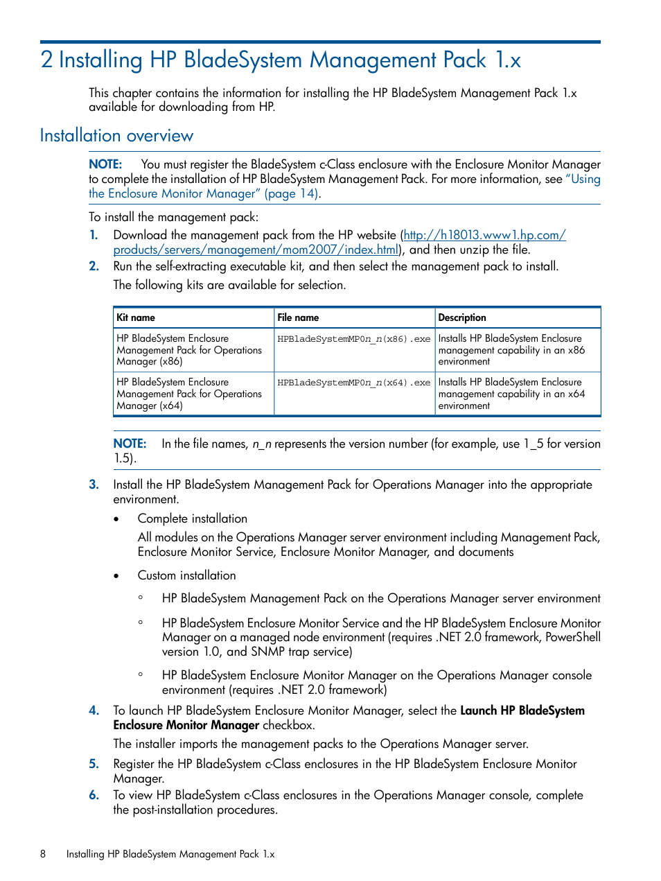 2 installing hp bladesystem management pack 1.x, Installation overview | HP OneView for Microsoft System Center User Manual | Page 8 / 60