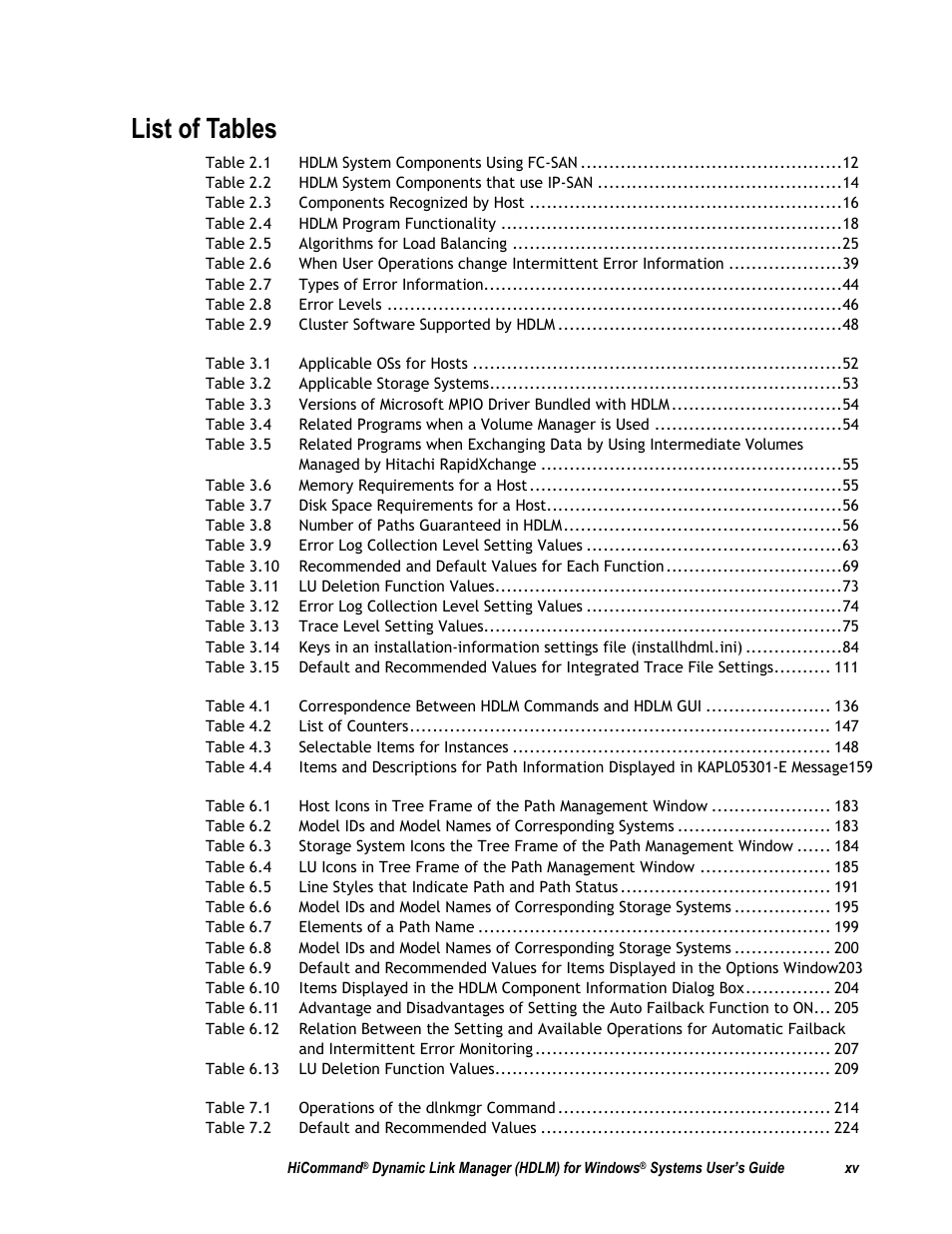 List of tables | HP Hitachi Dynamic Link Manager Software User Manual | Page 15 / 411
