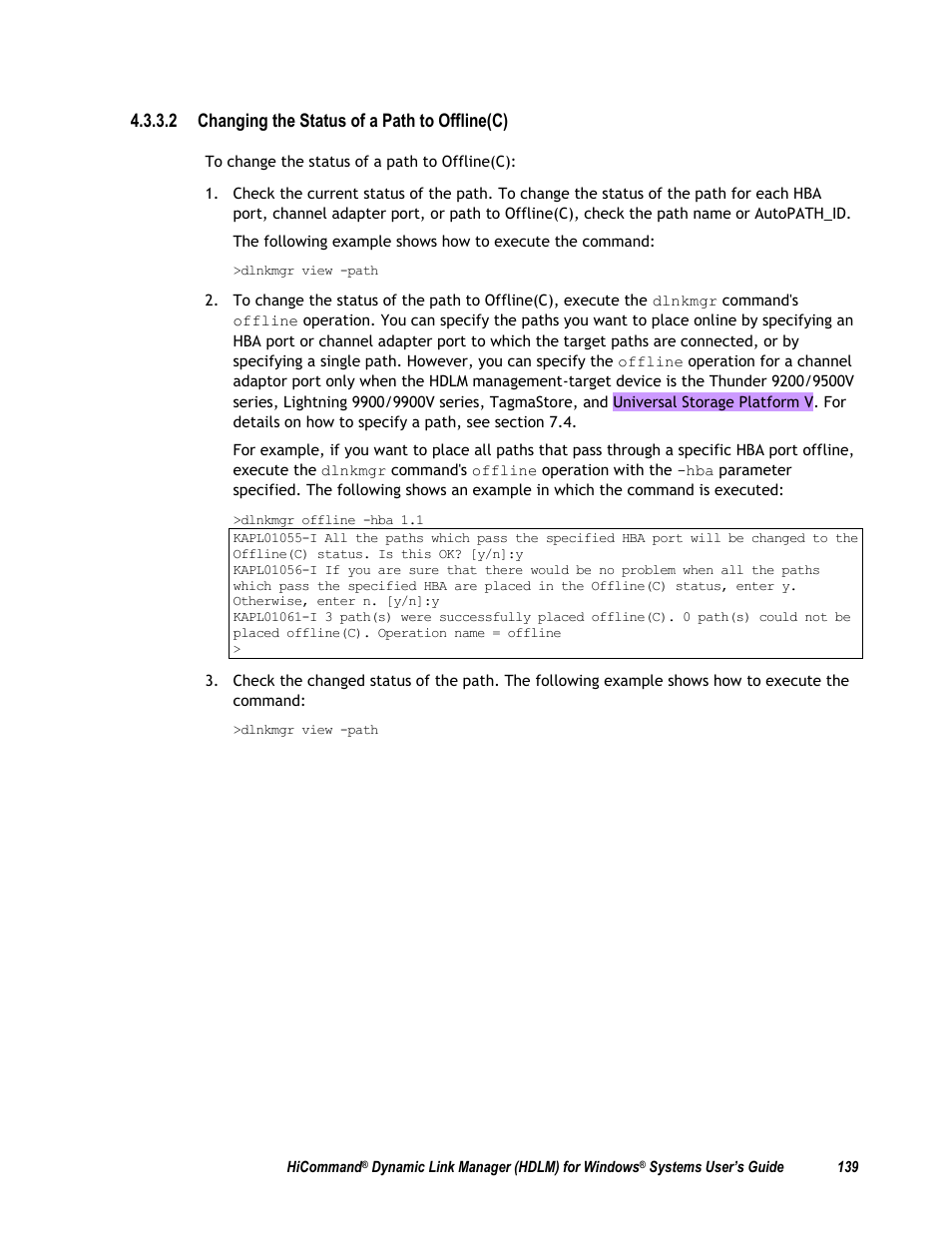 2 changing the status of a path to offline(c) | HP Hitachi Dynamic Link Manager Software User Manual | Page 155 / 411