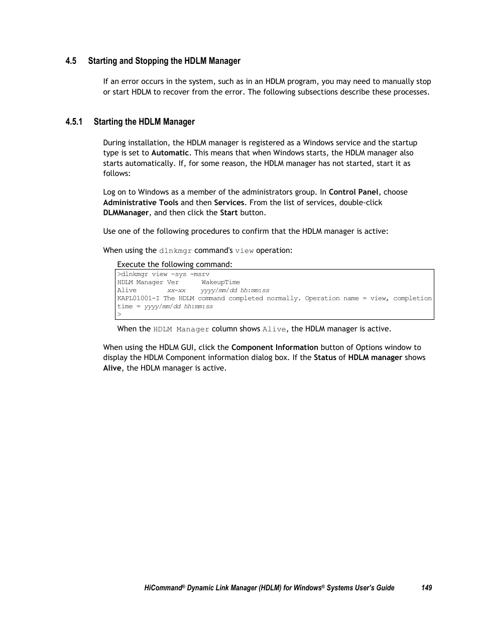 5 starting and stopping the hdlm manager, 1 starting the hdlm manager | HP Hitachi Dynamic Link Manager Software User Manual | Page 165 / 411