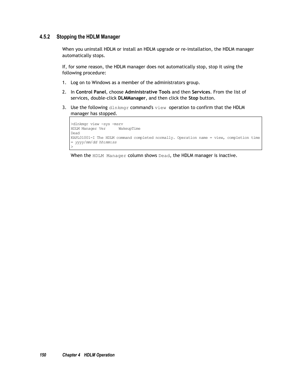 2 stopping the hdlm manager | HP Hitachi Dynamic Link Manager Software User Manual | Page 166 / 411