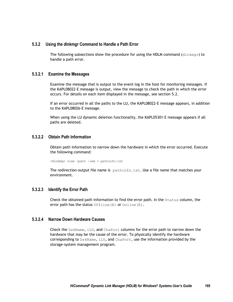 2 using the dlnkmgr command to handle a path error | HP Hitachi Dynamic Link Manager Software User Manual | Page 185 / 411