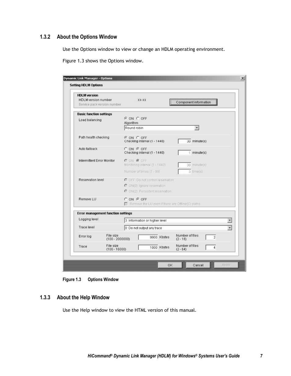 2 about the options window, 3 about the help window | HP Hitachi Dynamic Link Manager Software User Manual | Page 23 / 411