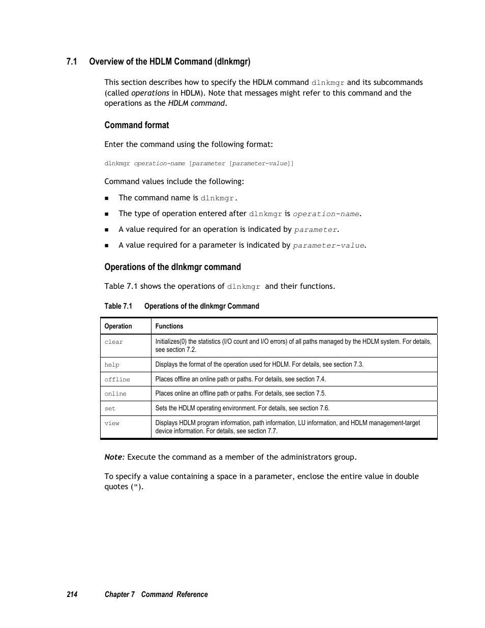 1 overview of the hdlm command (dlnkmgr), Command format, Operations of the dlnkmgr command | HP Hitachi Dynamic Link Manager Software User Manual | Page 230 / 411