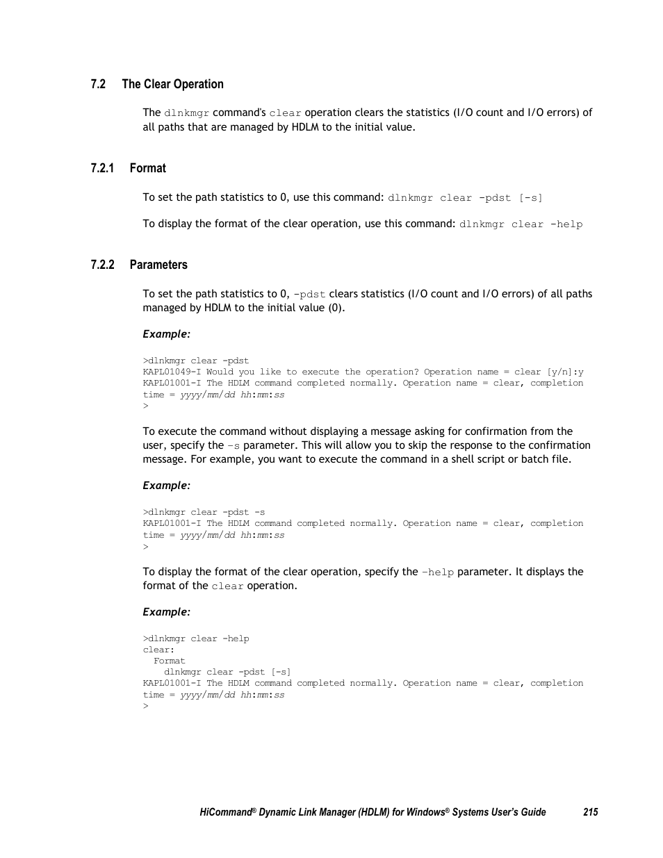2 the clear operation, 1 format, 2 parameters | N 7.2 | HP Hitachi Dynamic Link Manager Software User Manual | Page 231 / 411