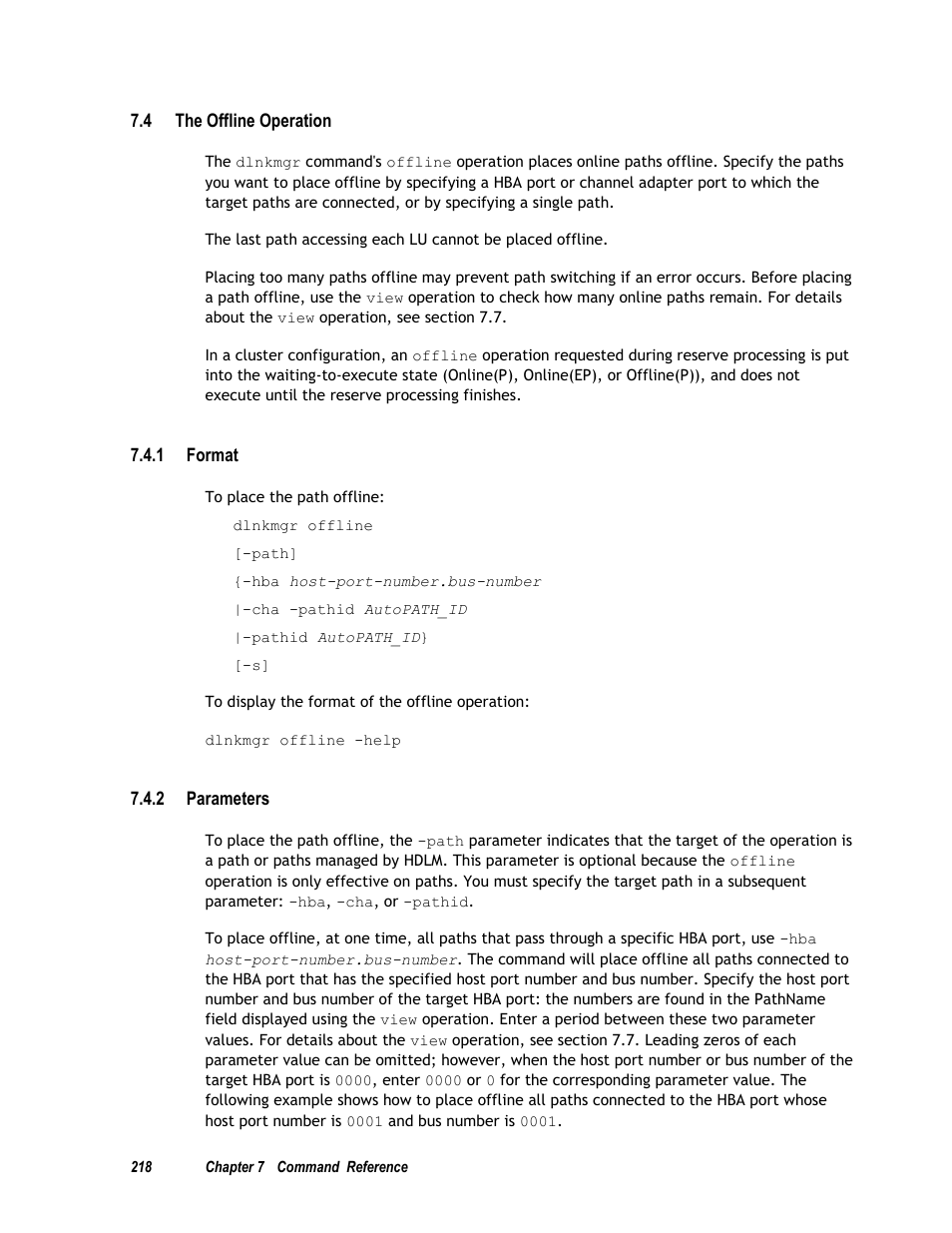 4 the offline operation, 1 format, 2 parameters | 4 and, Section 7.4), Ion 7.4 | HP Hitachi Dynamic Link Manager Software User Manual | Page 234 / 411