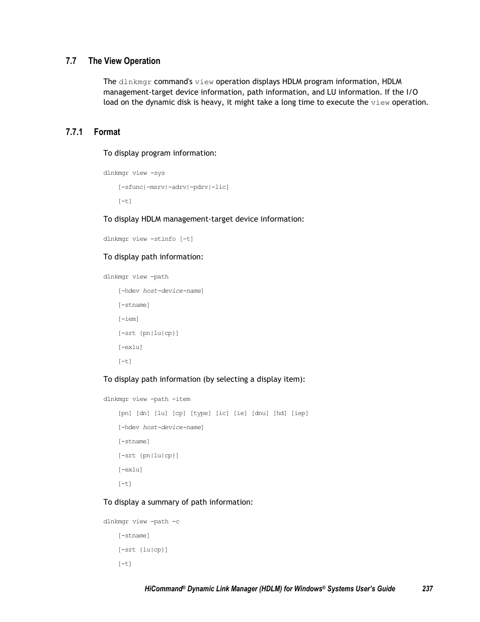 7 the view operation, 1 format, N 7.7. for det | N 7.7, Ction 7.7 | HP Hitachi Dynamic Link Manager Software User Manual | Page 253 / 411