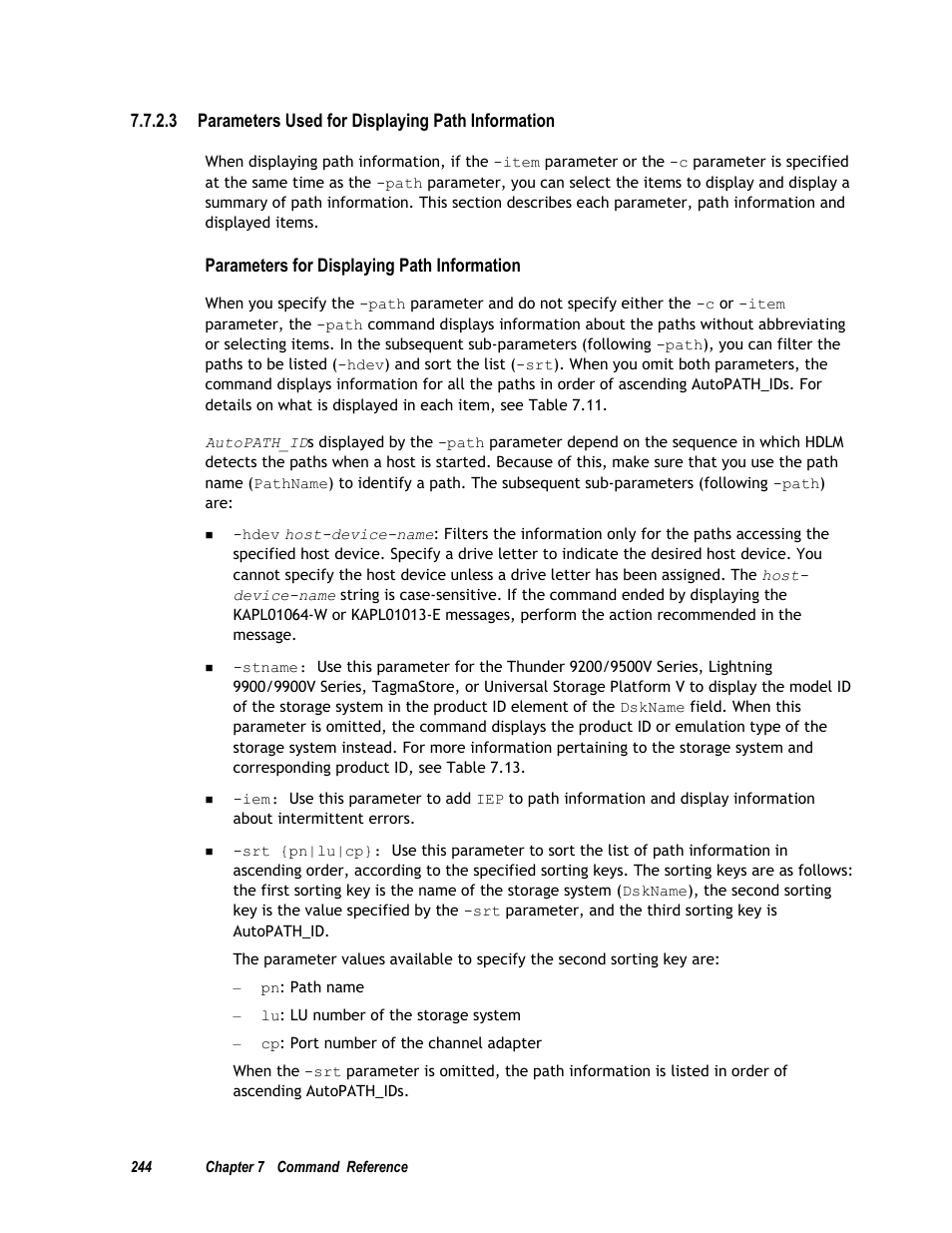 3 parameters used for displaying path information, Parameters for displaying path information | HP Hitachi Dynamic Link Manager Software User Manual | Page 260 / 411