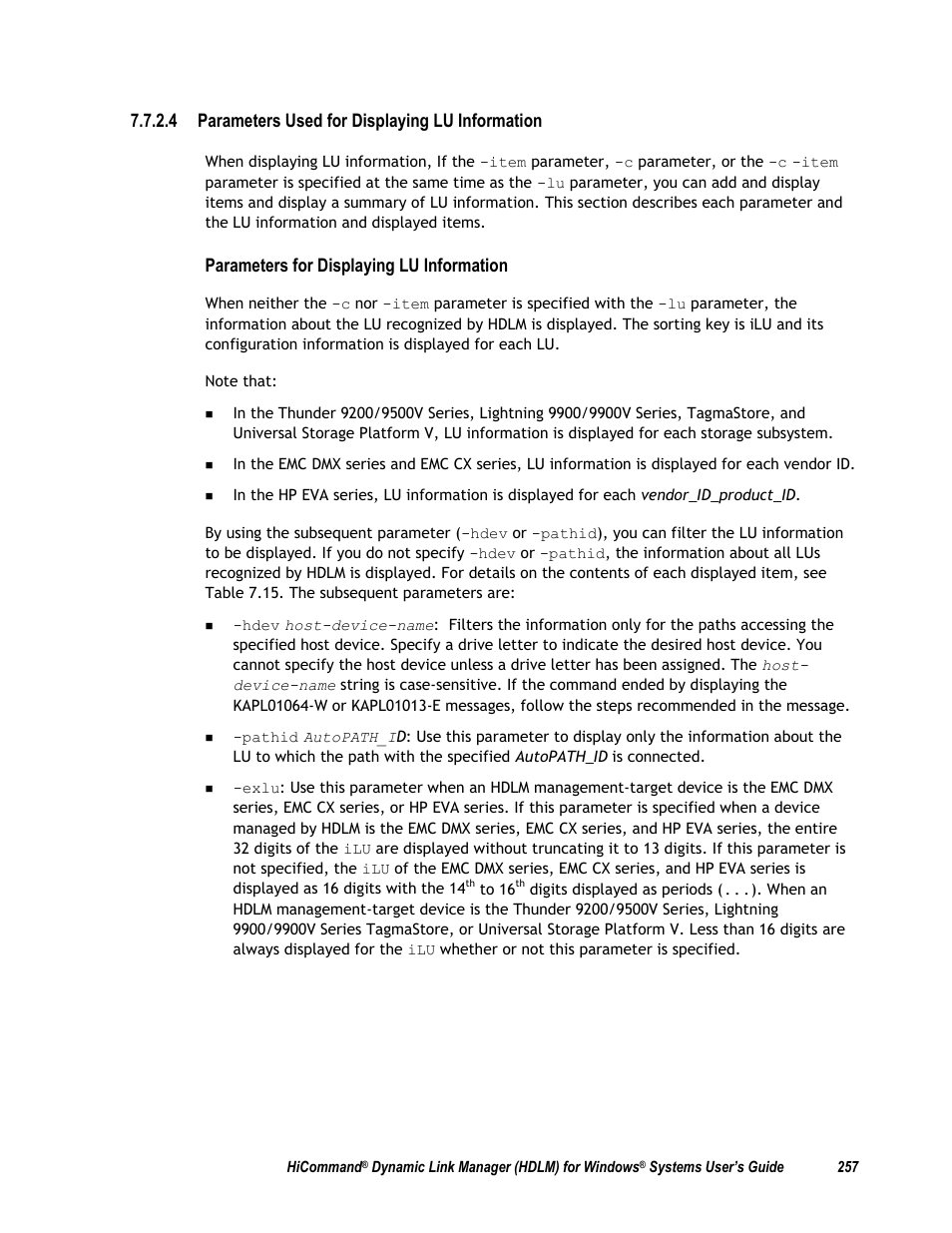 4 parameters used for displaying lu information, Parameters for displaying lu information | HP Hitachi Dynamic Link Manager Software User Manual | Page 273 / 411
