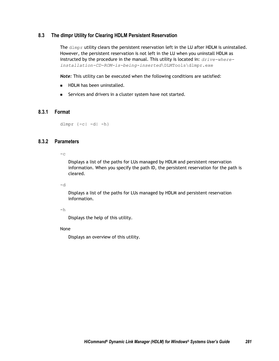 1 format, 2 parameters, Ion 8.3) | HP Hitachi Dynamic Link Manager Software User Manual | Page 297 / 411