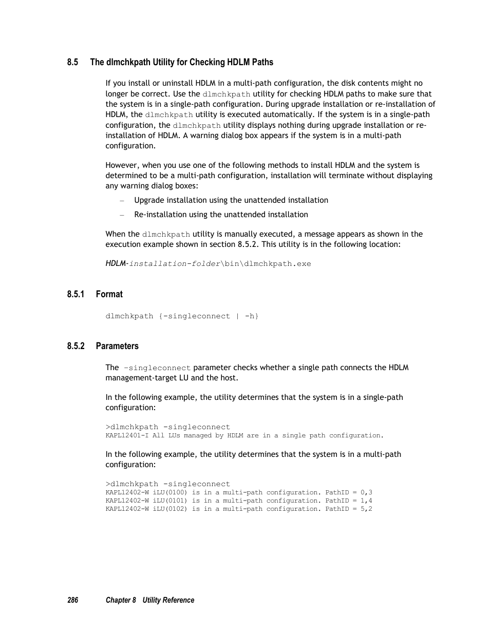 5 the dlmchkpath utility for checking hdlm paths, 1 format, 2 parameters | N 8.5) | HP Hitachi Dynamic Link Manager Software User Manual | Page 302 / 411