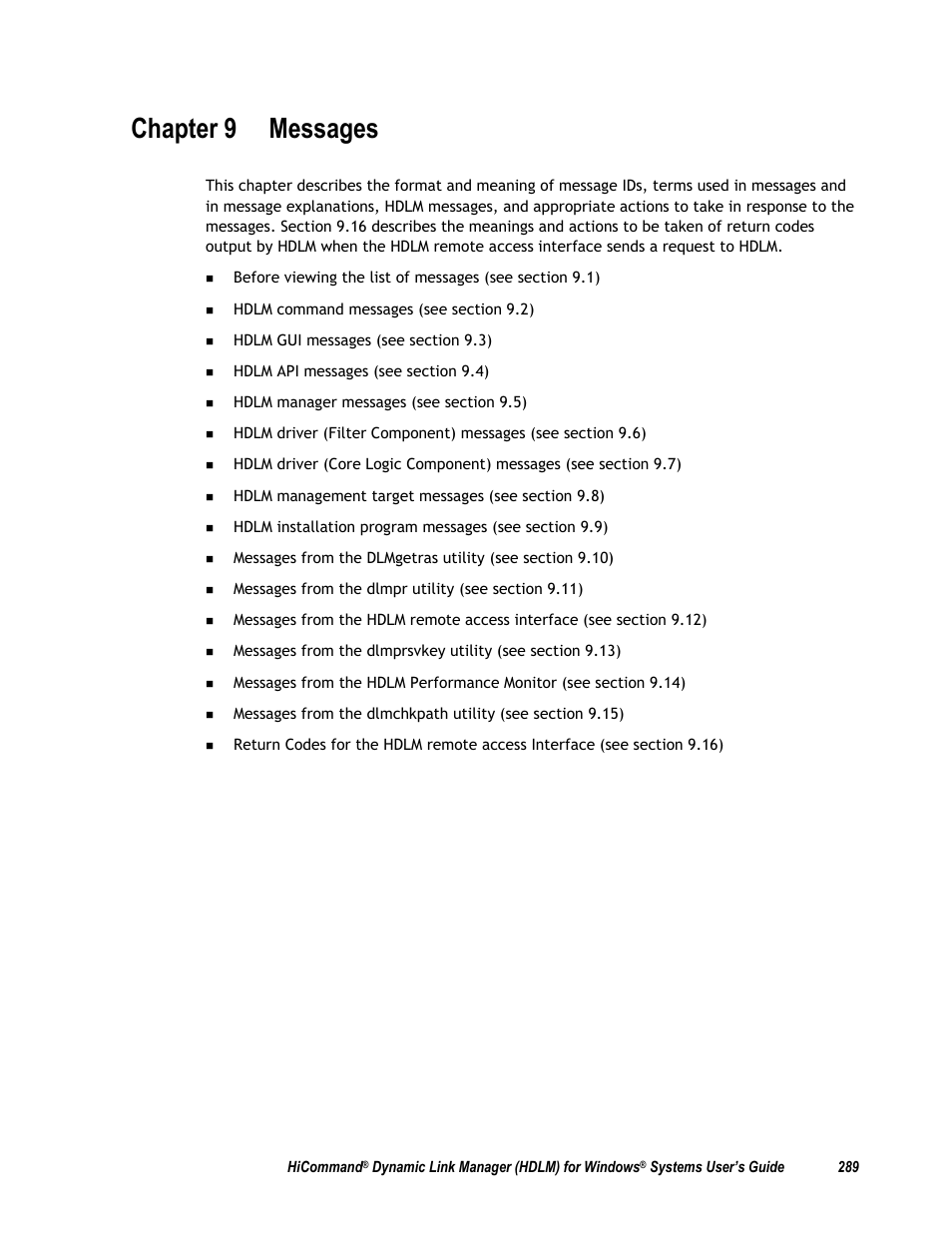 Chapter 9 messages, Chapter 9 | HP Hitachi Dynamic Link Manager Software User Manual | Page 305 / 411