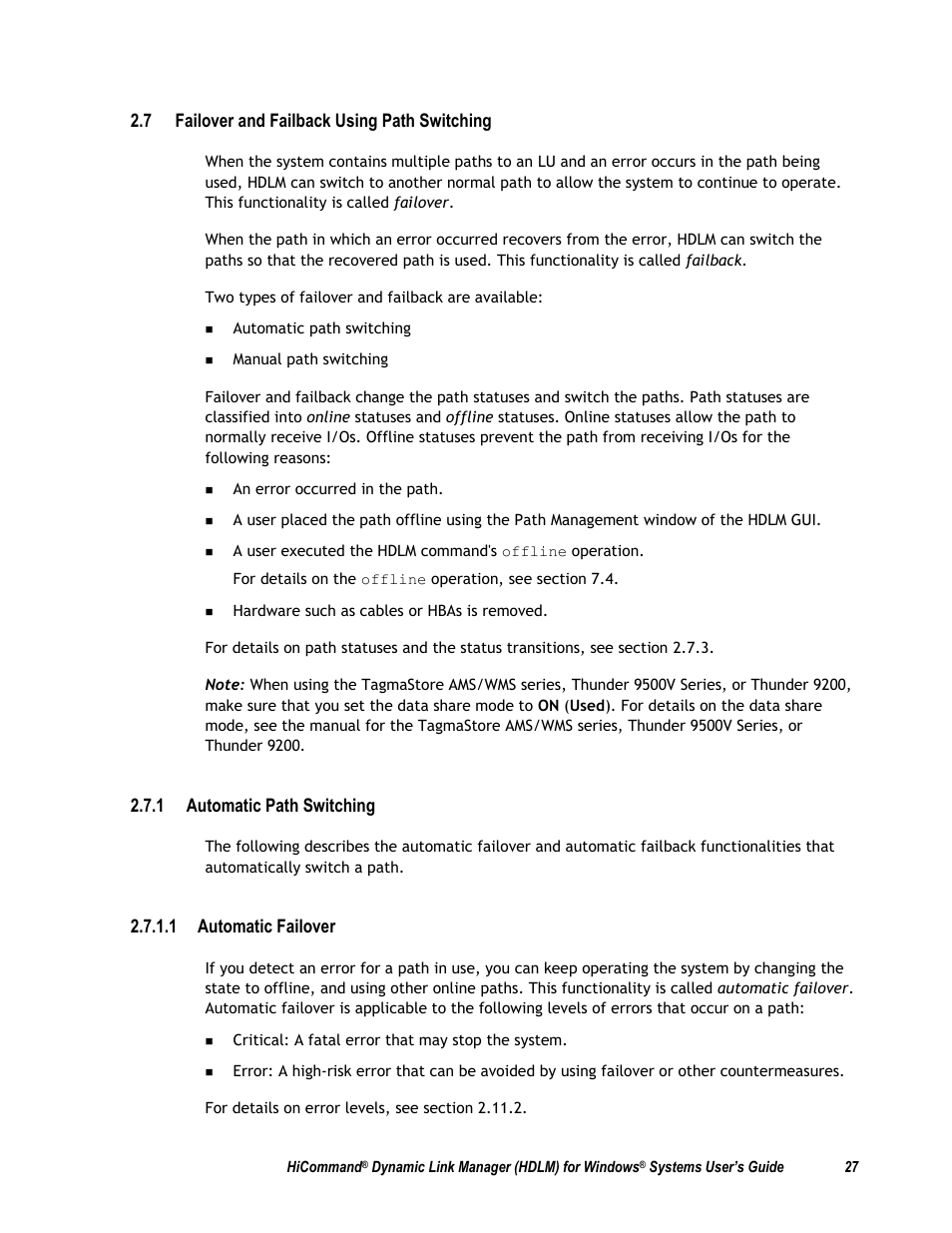 7 failover and failback using path switching, 1 automatic path switching, 1 automatic failover | HP Hitachi Dynamic Link Manager Software User Manual | Page 43 / 411