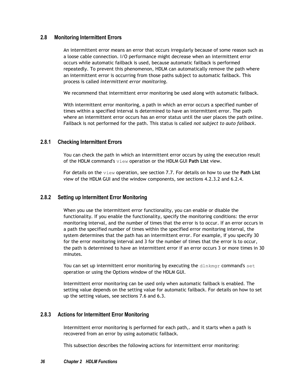 8 monitoring intermittent errors, 1 checking intermittent errors, 2 setting up intermittent error monitoring | 3 actions for intermittent error monitoring, Ion 2.8) | HP Hitachi Dynamic Link Manager Software User Manual | Page 52 / 411