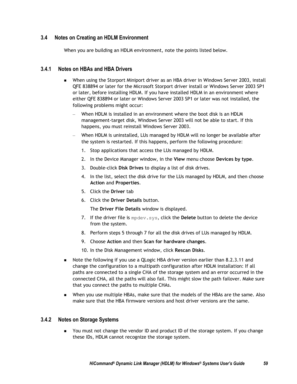 4 notes on creating an hdlm environment, 1 notes on hbas and hba drivers, 2 notes on storage systems | Ion 3.4) | HP Hitachi Dynamic Link Manager Software User Manual | Page 75 / 411