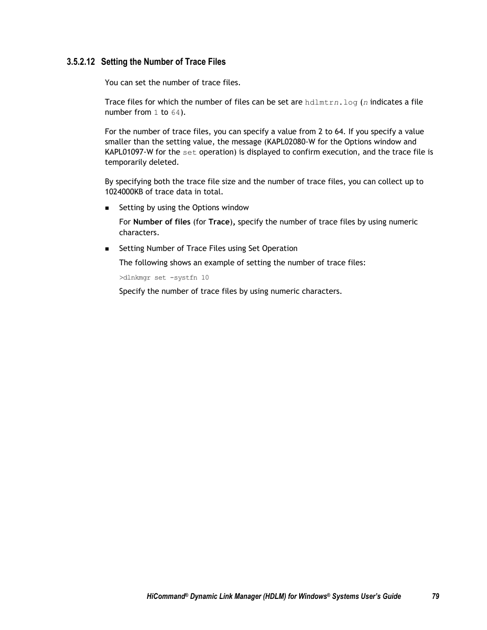 Of trace files, 12 setting the number of trace files | HP Hitachi Dynamic Link Manager Software User Manual | Page 95 / 411