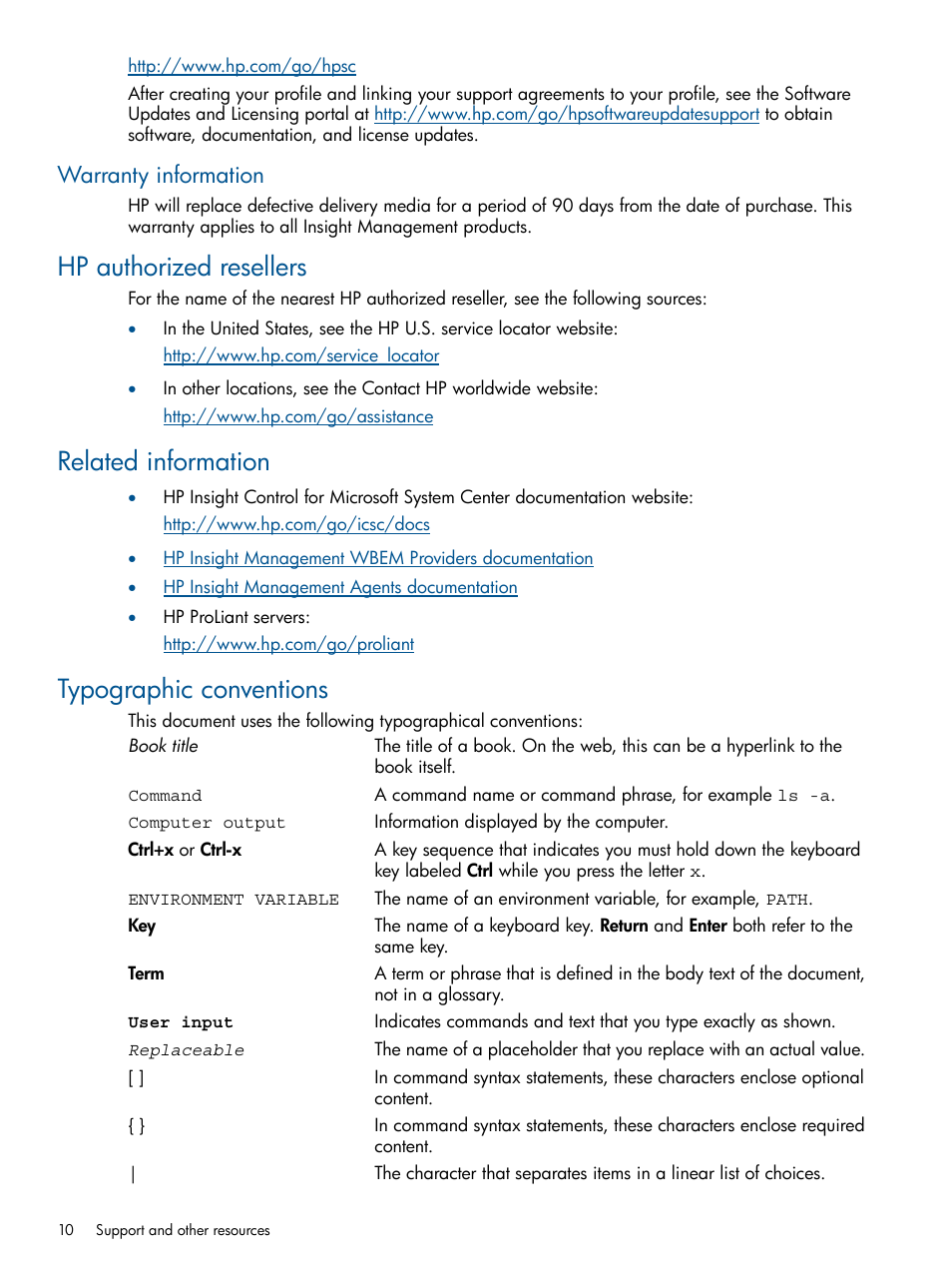 Warranty information, Hp authorized resellers, Related information | Typographic conventions | HP OneView for Microsoft System Center User Manual | Page 10 / 13