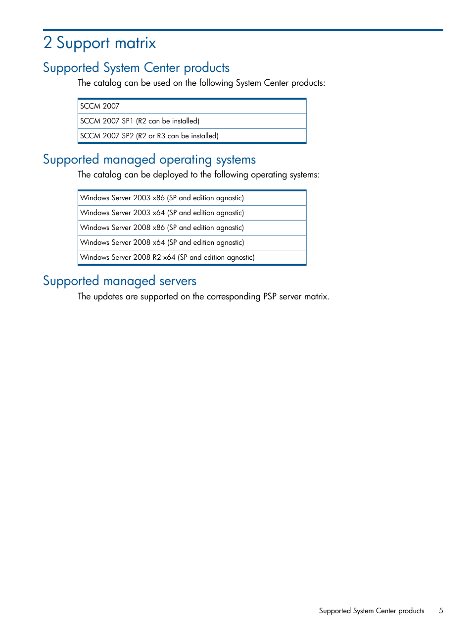 2 support matrix, Supported system center products, Supported managed operating systems | Supported managed servers | HP OneView for Microsoft System Center User Manual | Page 5 / 13