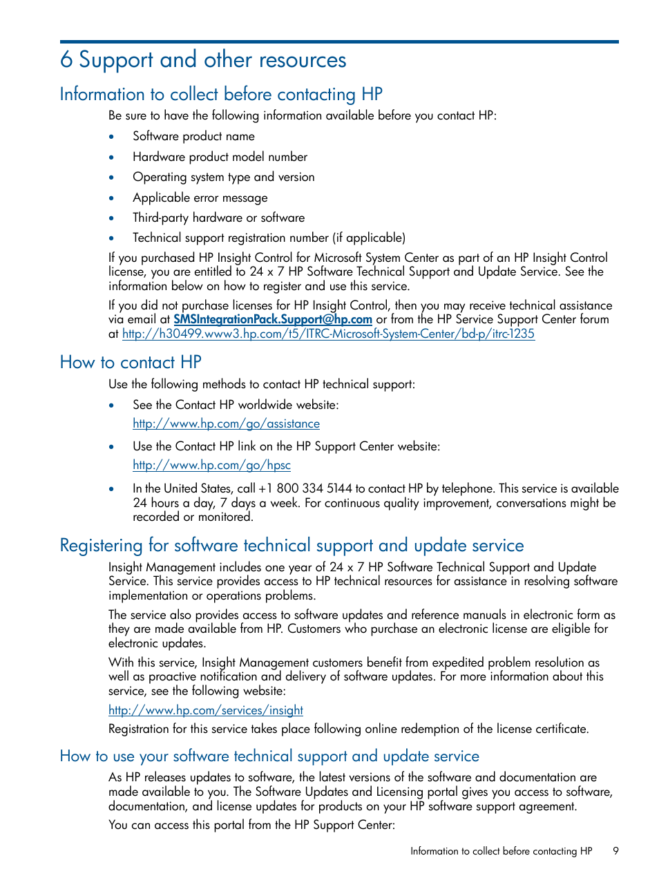 6 support and other resources, Information to collect before contacting hp, How to contact hp | HP OneView for Microsoft System Center User Manual | Page 9 / 13