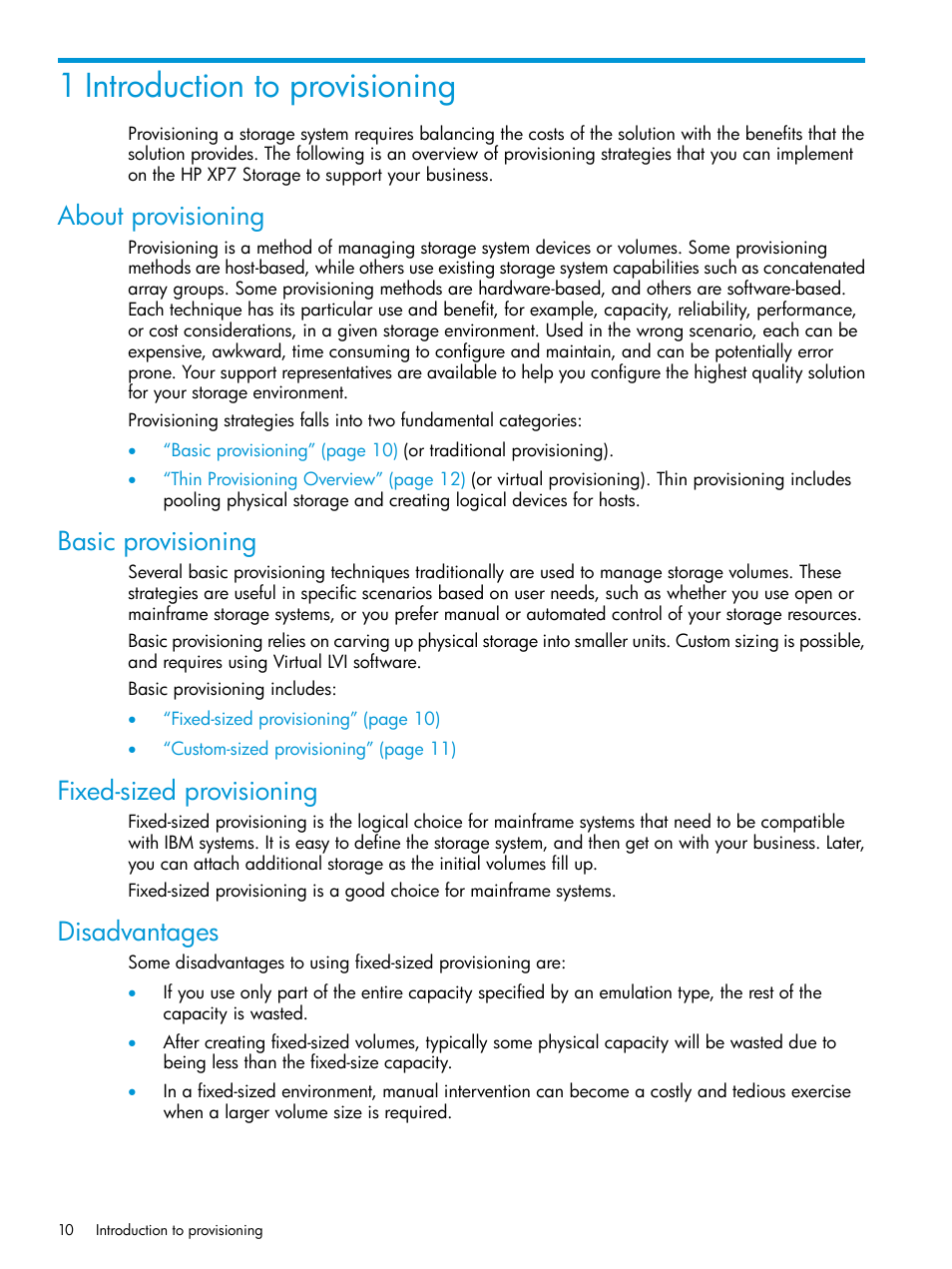 1 introduction to provisioning, About provisioning, Basic provisioning | Fixed-sized provisioning, Disadvantages | HP XP7 Storage User Manual | Page 10 / 338