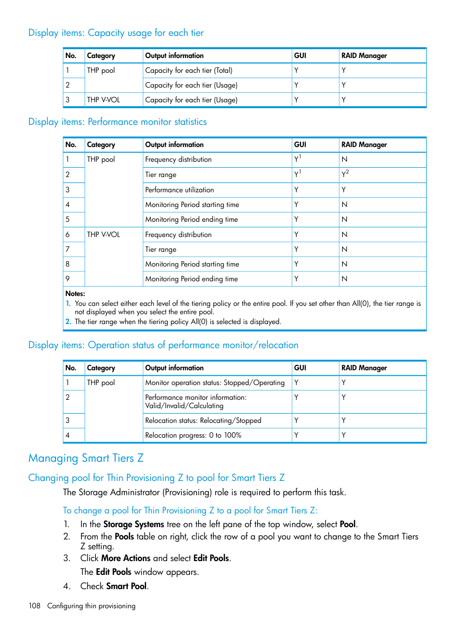 Display items: capacity usage for each tier, Display items: performance monitor statistics, Managing smart tiers z | HP XP7 Storage User Manual | Page 108 / 338