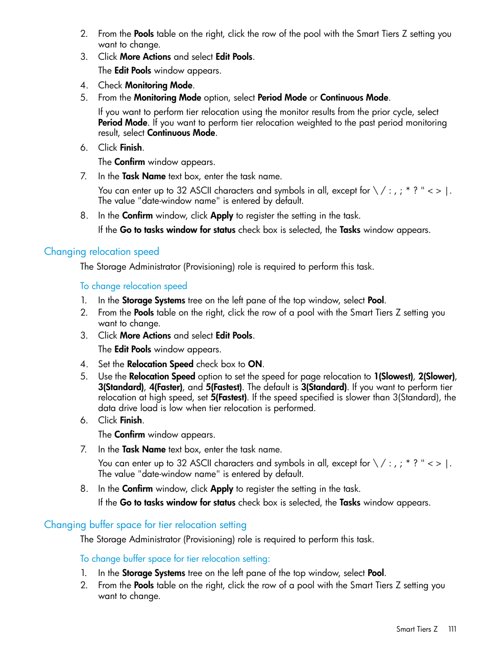 Changing relocation speed, Changing buffer space for tier relocation setting | HP XP7 Storage User Manual | Page 111 / 338