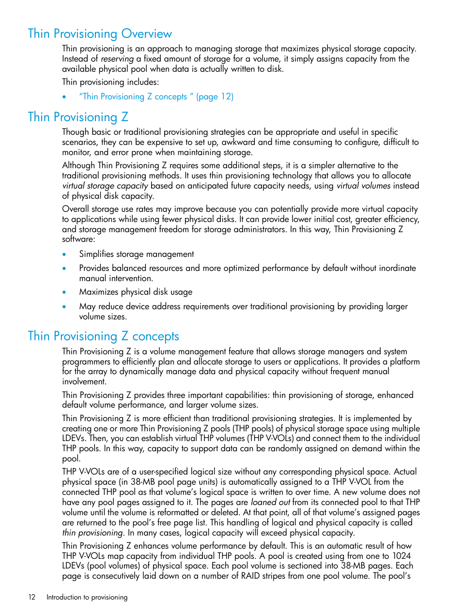 Thin provisioning overview, Thin provisioning z, Thin provisioning z concepts | HP XP7 Storage User Manual | Page 12 / 338
