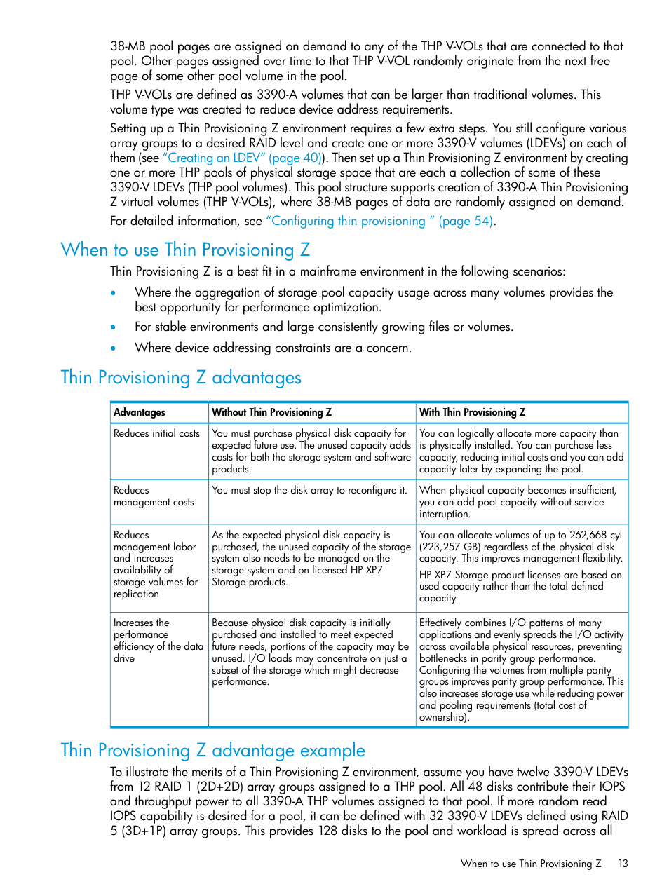 When to use thin provisioning z, Thin provisioning z advantages, Thin provisioning z advantage example | HP XP7 Storage User Manual | Page 13 / 338