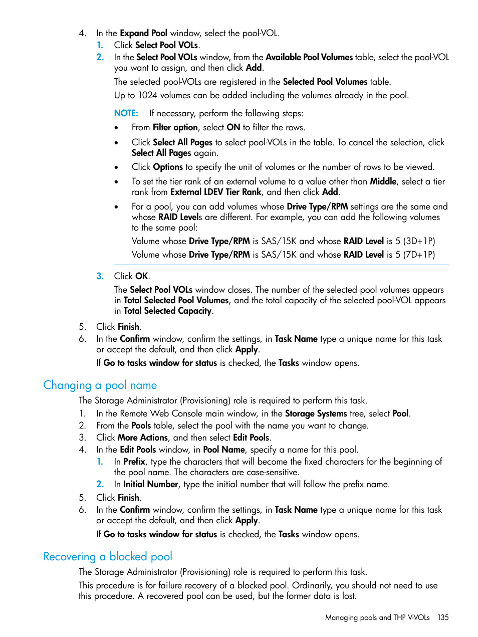 Changing a pool name, Recovering a blocked pool, Changing a pool name recovering a blocked pool | HP XP7 Storage User Manual | Page 135 / 338