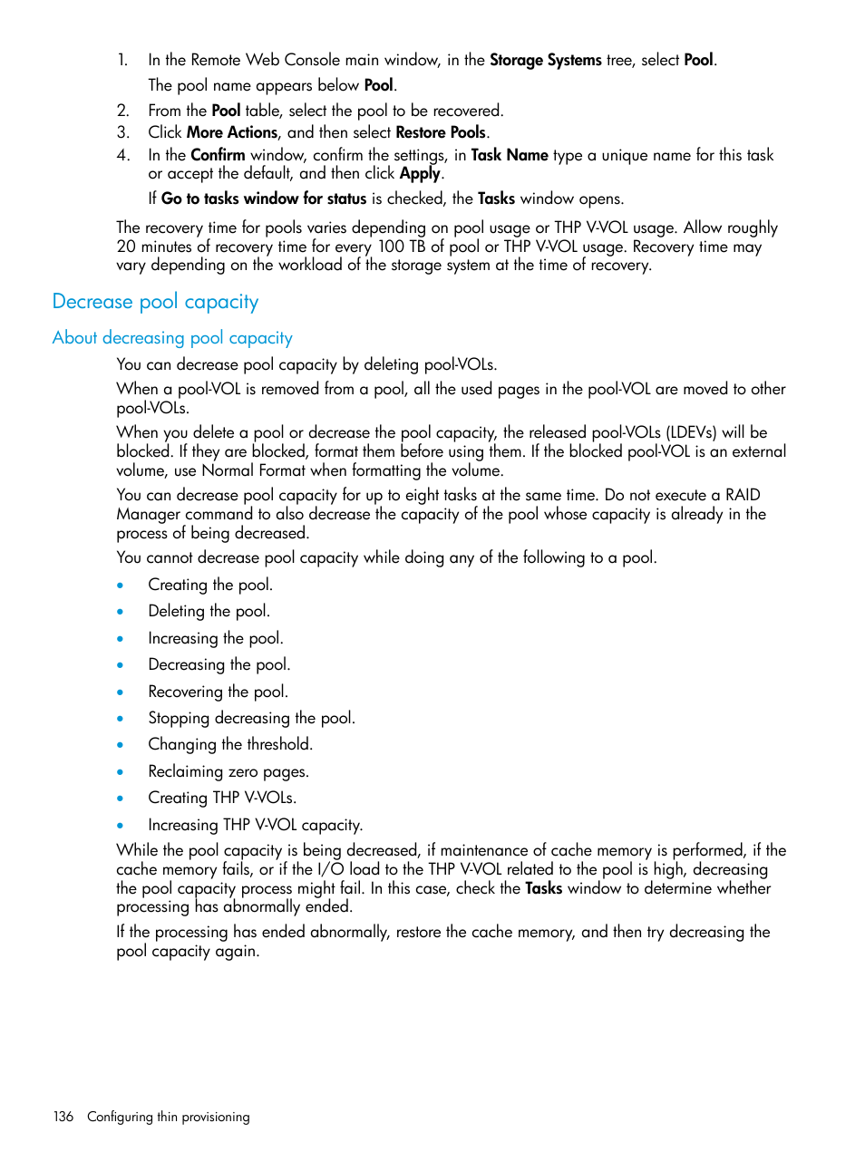 Decrease pool capacity, About decreasing pool capacity | HP XP7 Storage User Manual | Page 136 / 338