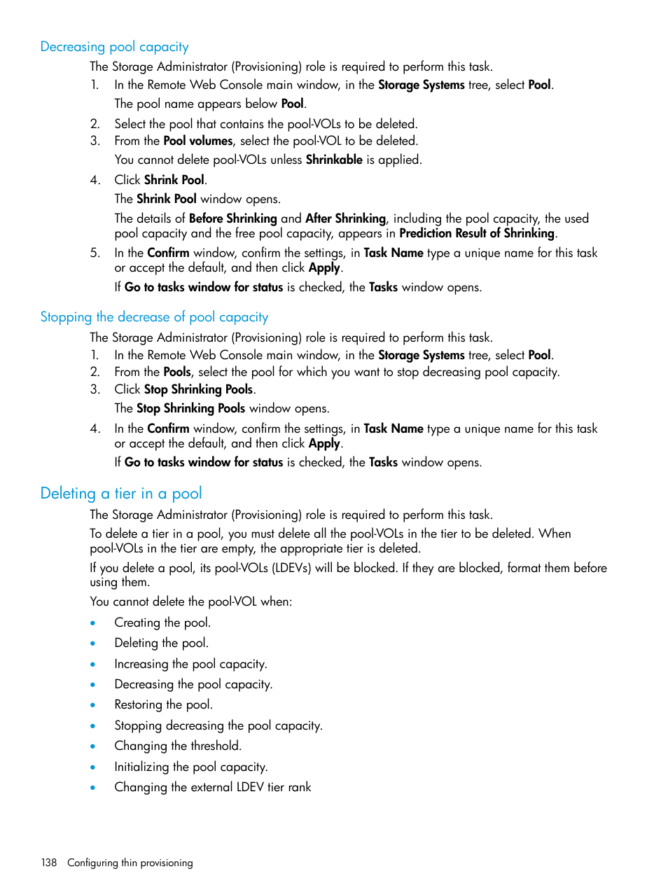 Decreasing pool capacity, Stopping the decrease of pool capacity, Deleting a tier in a pool | HP XP7 Storage User Manual | Page 138 / 338