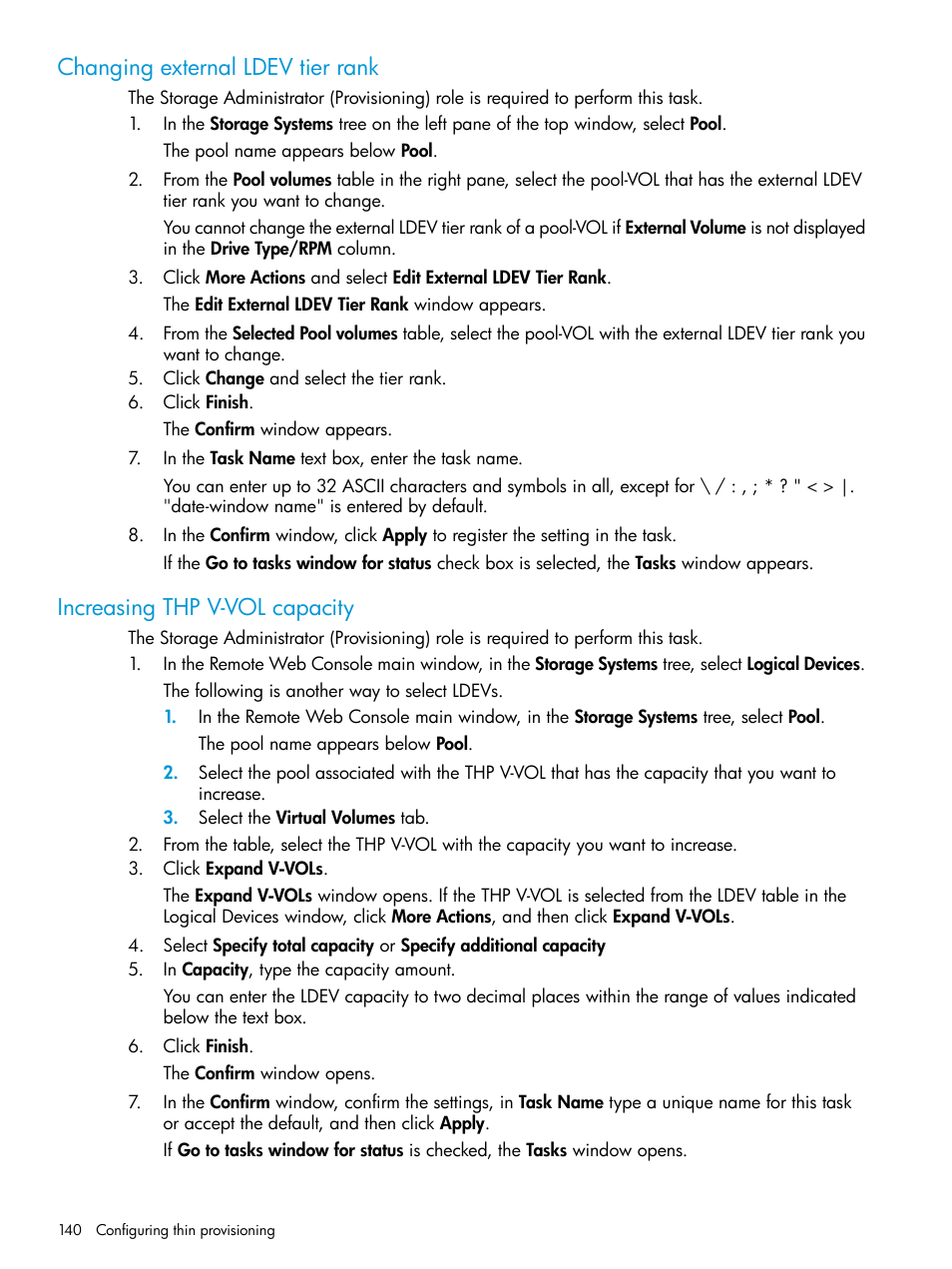 Changing external ldev tier rank, Increasing thp v-vol capacity | HP XP7 Storage User Manual | Page 140 / 338