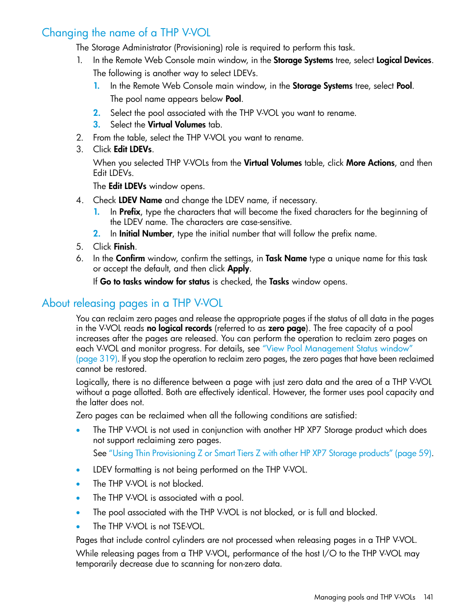 Changing the name of a thp v-vol, About releasing pages in a thp v-vol | HP XP7 Storage User Manual | Page 141 / 338