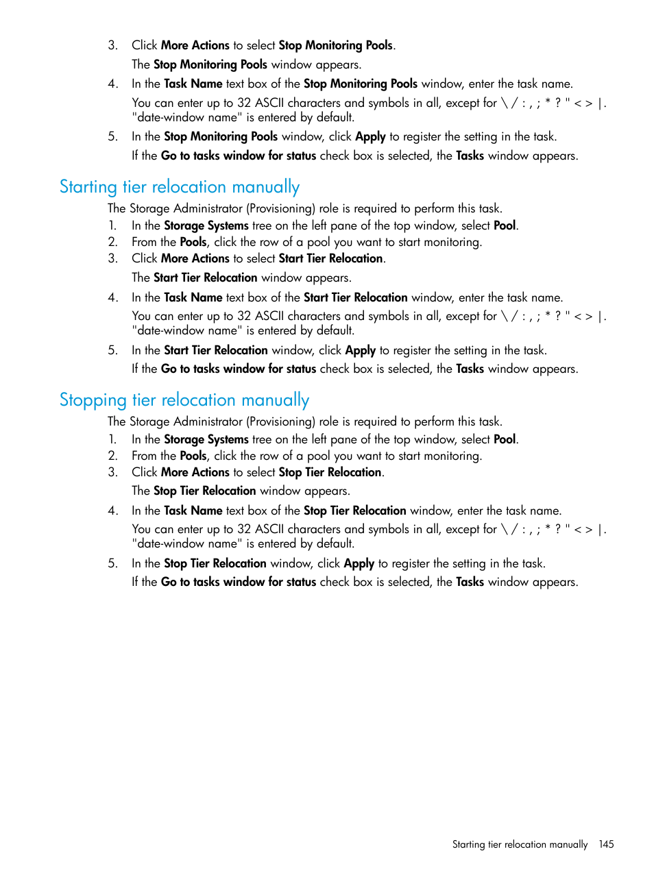 Starting tier relocation manually, Stopping tier relocation manually | HP XP7 Storage User Manual | Page 145 / 338