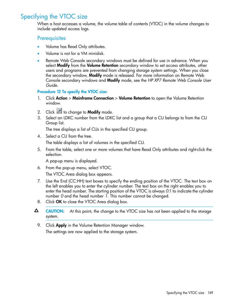 Specifying the vtoc size, Prerequisites | HP XP7 Storage User Manual | Page 149 / 338