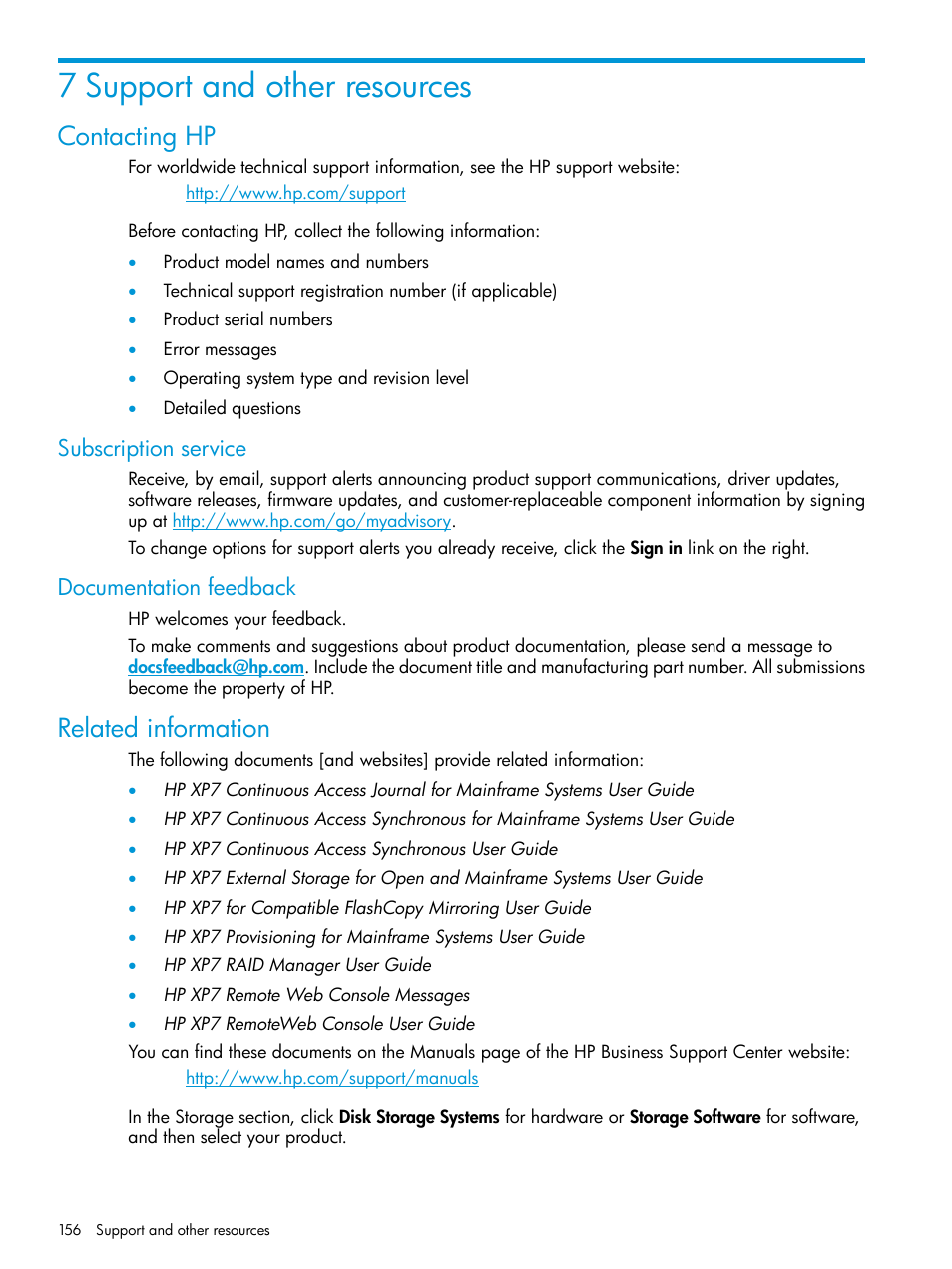 7 support and other resources, Contacting hp, Subscription service | Documentation feedback, Related information, Subscription service documentation feedback | HP XP7 Storage User Manual | Page 156 / 338