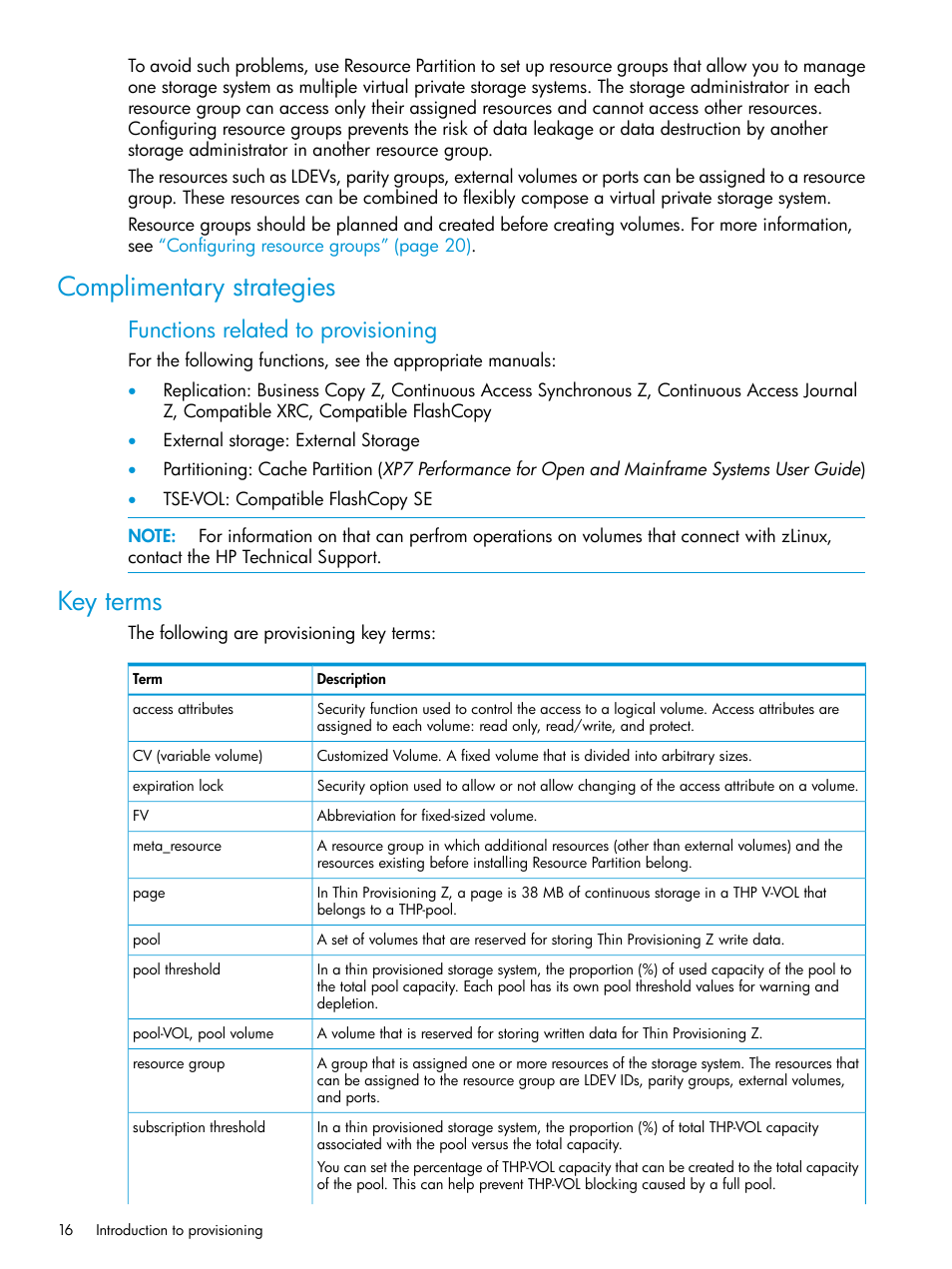 Complimentary strategies, Key terms, Complimentary strategies key terms | Functions related to provisioning | HP XP7 Storage User Manual | Page 16 / 338