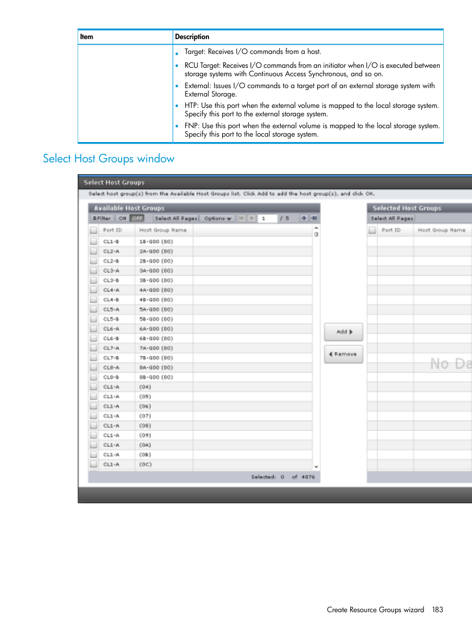Select host groups window | HP XP7 Storage User Manual | Page 183 / 338
