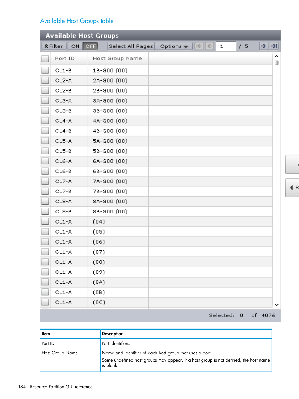 Available host groups table | HP XP7 Storage User Manual | Page 184 / 338