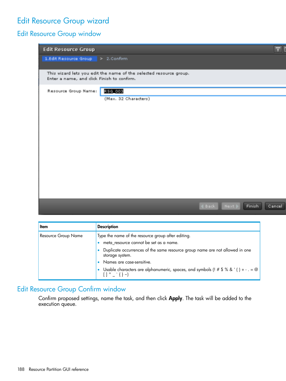 Edit resource group wizard, Edit resource group window, Edit resource group confirm window | HP XP7 Storage User Manual | Page 188 / 338