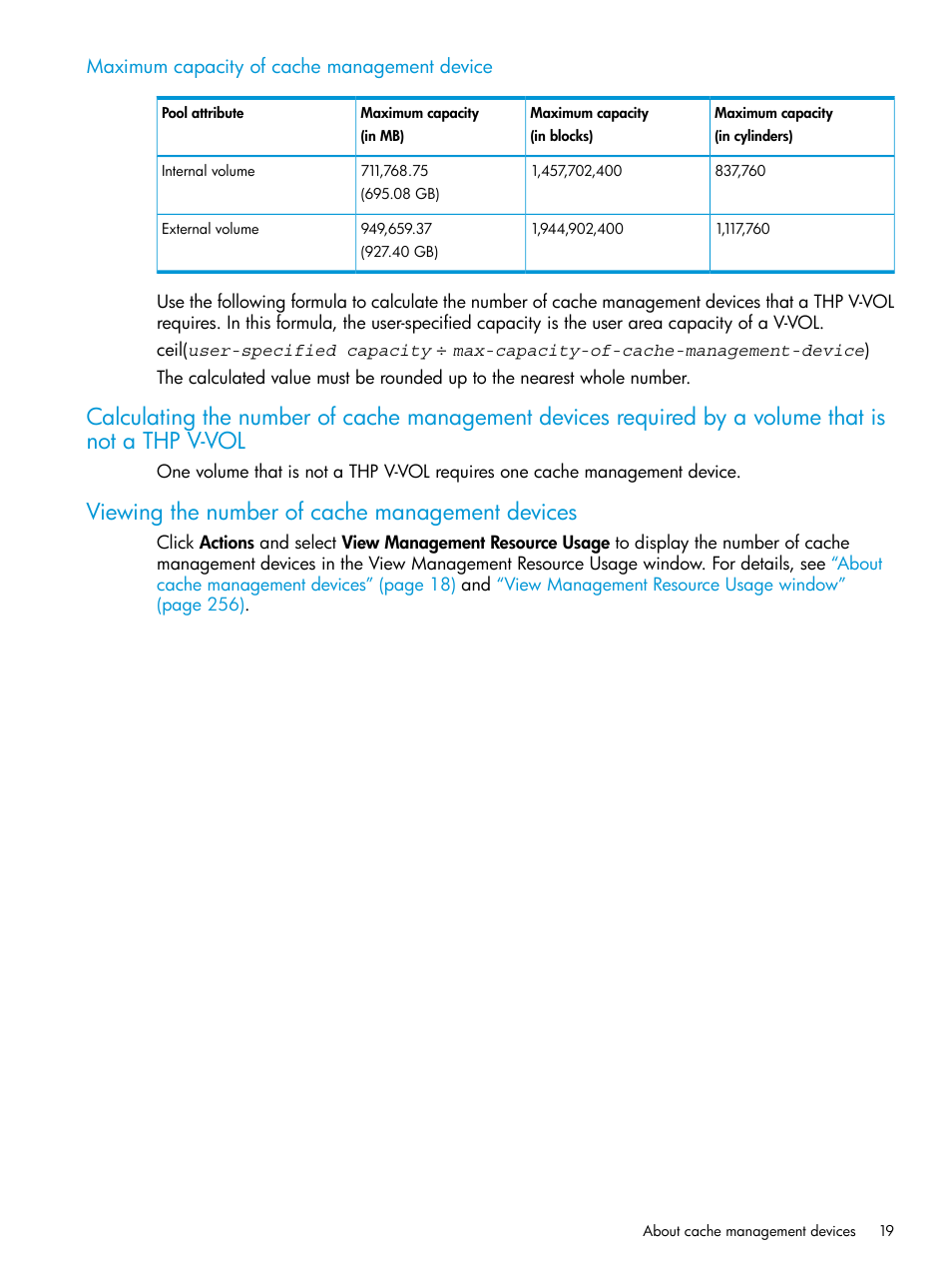 Maximum capacity of cache management device, Viewing the number of cache management devices | HP XP7 Storage User Manual | Page 19 / 338