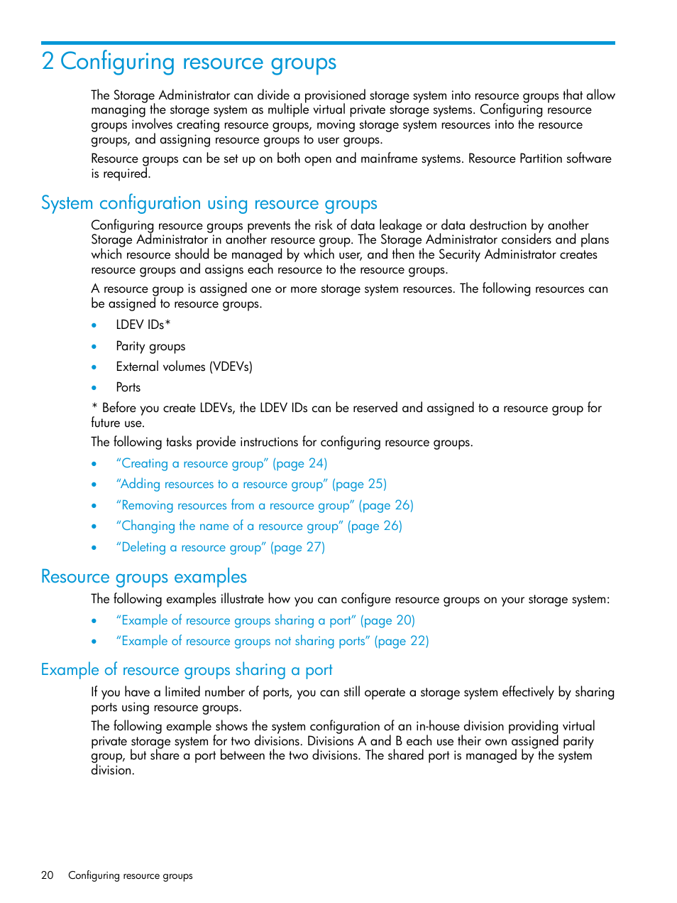 2 configuring resource groups, System configuration using resource groups, Resource groups examples | Example of resource groups sharing a port | HP XP7 Storage User Manual | Page 20 / 338