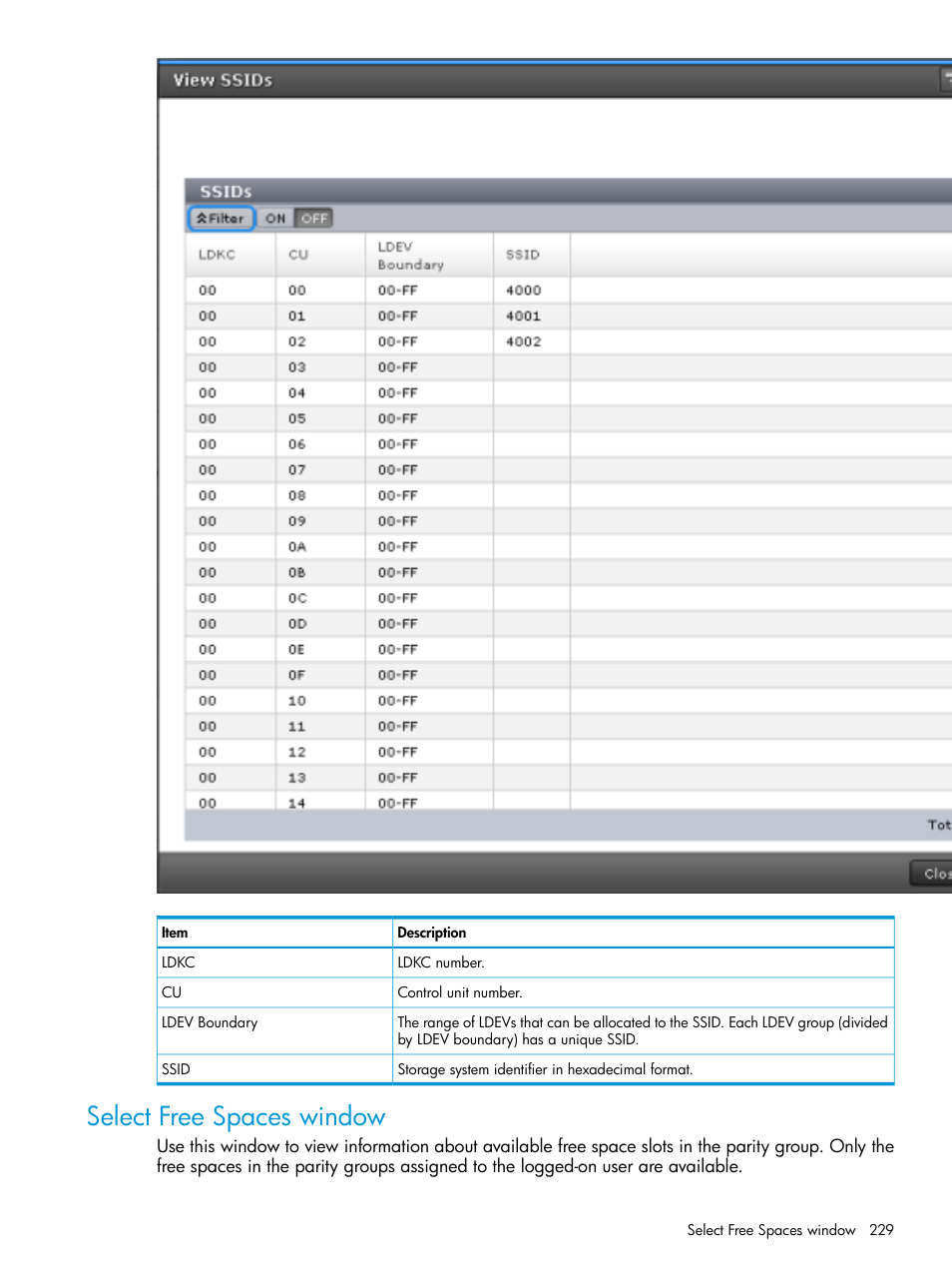Select free spaces window | HP XP7 Storage User Manual | Page 229 / 338