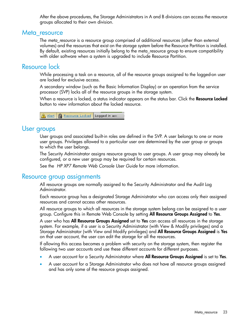 Meta_resource, Resource lock, User groups | Resource group assignments | HP XP7 Storage User Manual | Page 23 / 338